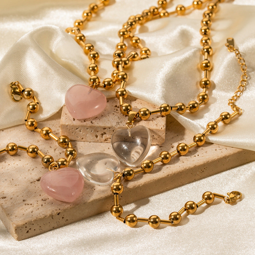 Collana trendy con cuore geometrico in perline di vetro trasparente in acciaio inossidabile placcato oro 18 carati con catena a strati rotonda da donna