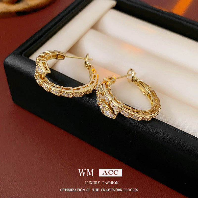 Chic Snake-Shaped Zirconia-Set Gold-Plated Copper Hoop Earrings for Women with Stainless Steel Posts