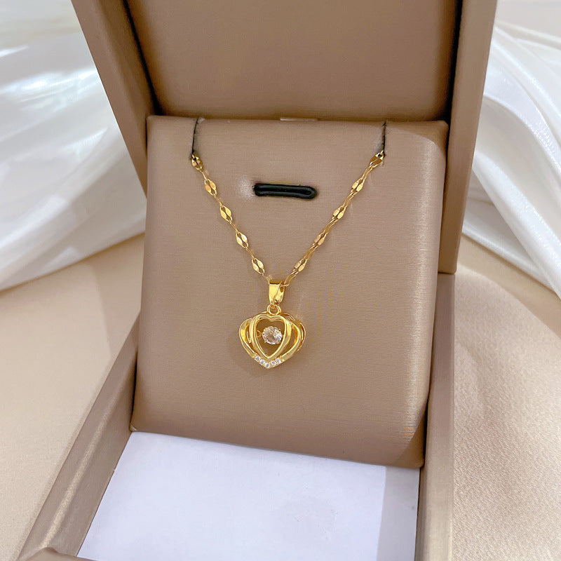 Collana a doppio strato di lusso a forma di cuore in acciaio al titanio da donna con intarsi di strass e delicato design a clavicola