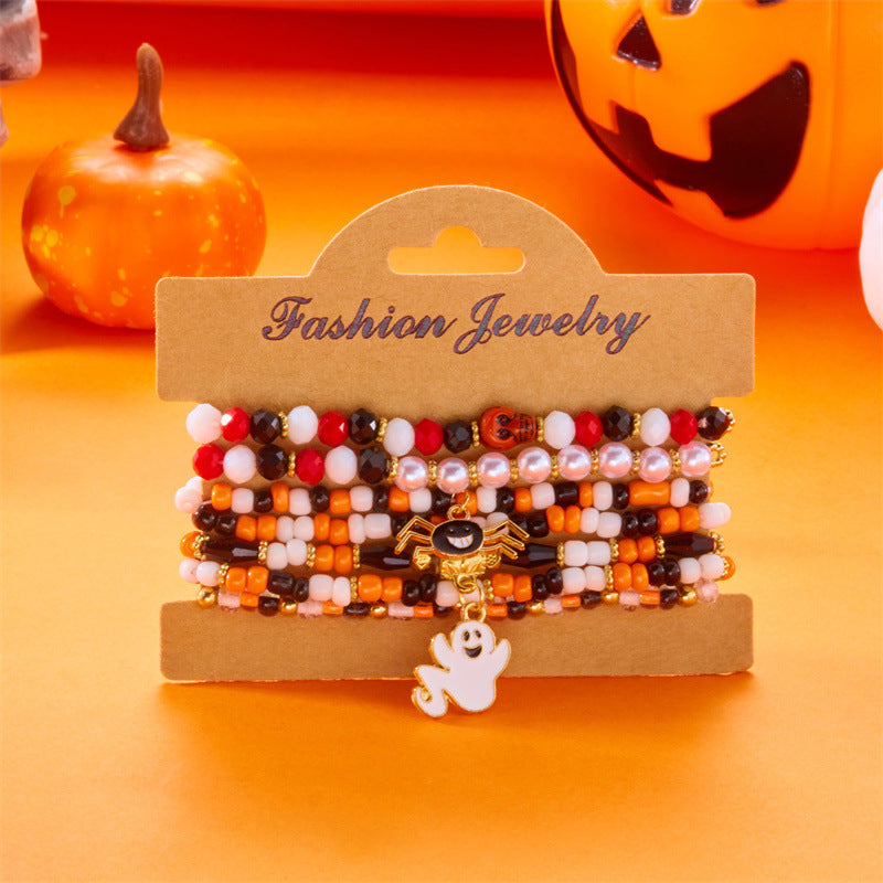 Juego de pulseras de aleación con dije de fantasma y calavera de Halloween dulce y atrevido con detalles de cuentas, regalo de festival unisex