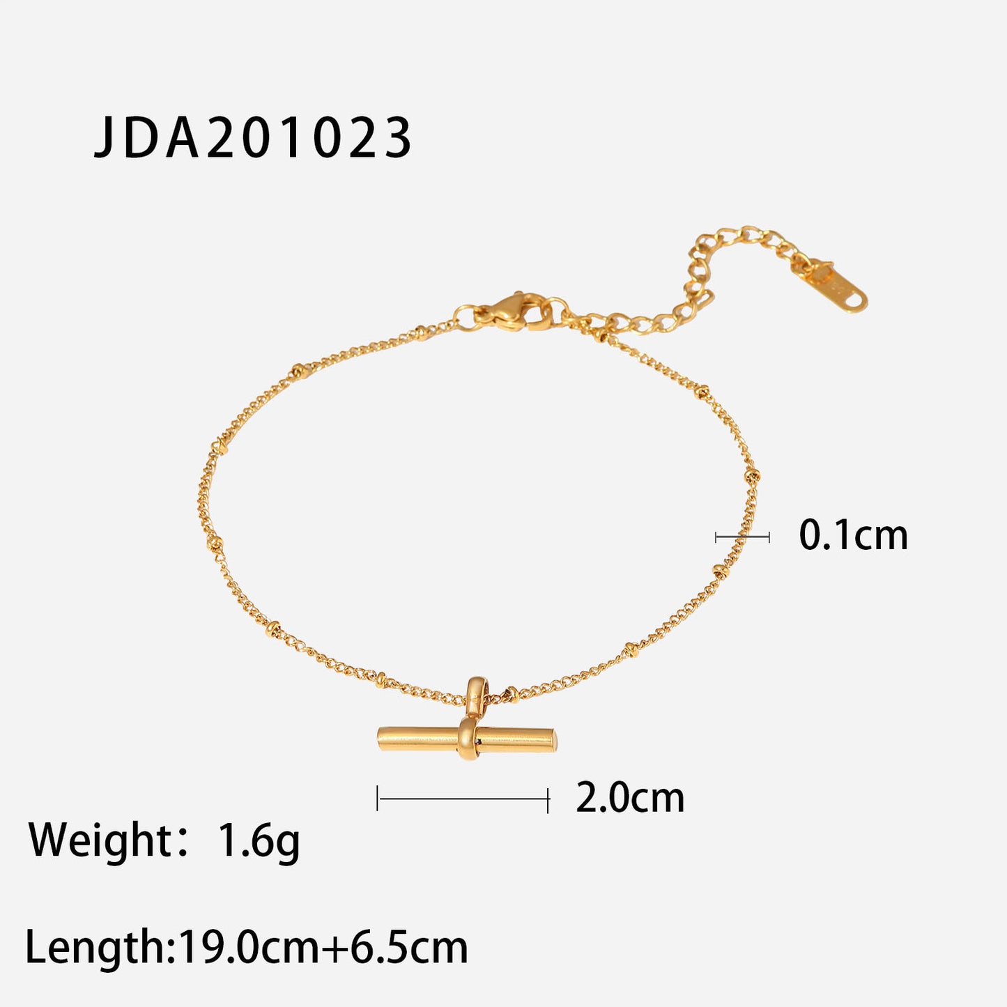 Tobillera minimalista geométrica de titanio y acero con colgante de barra en T chapado en oro de 18K y cadena de cuentas.
