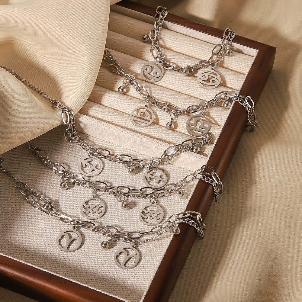 INS Style Zodiac Bracelet with Double Layer Cuban Link Chain Stainless Steel Pendant and 18K Vacuum Plated Finish