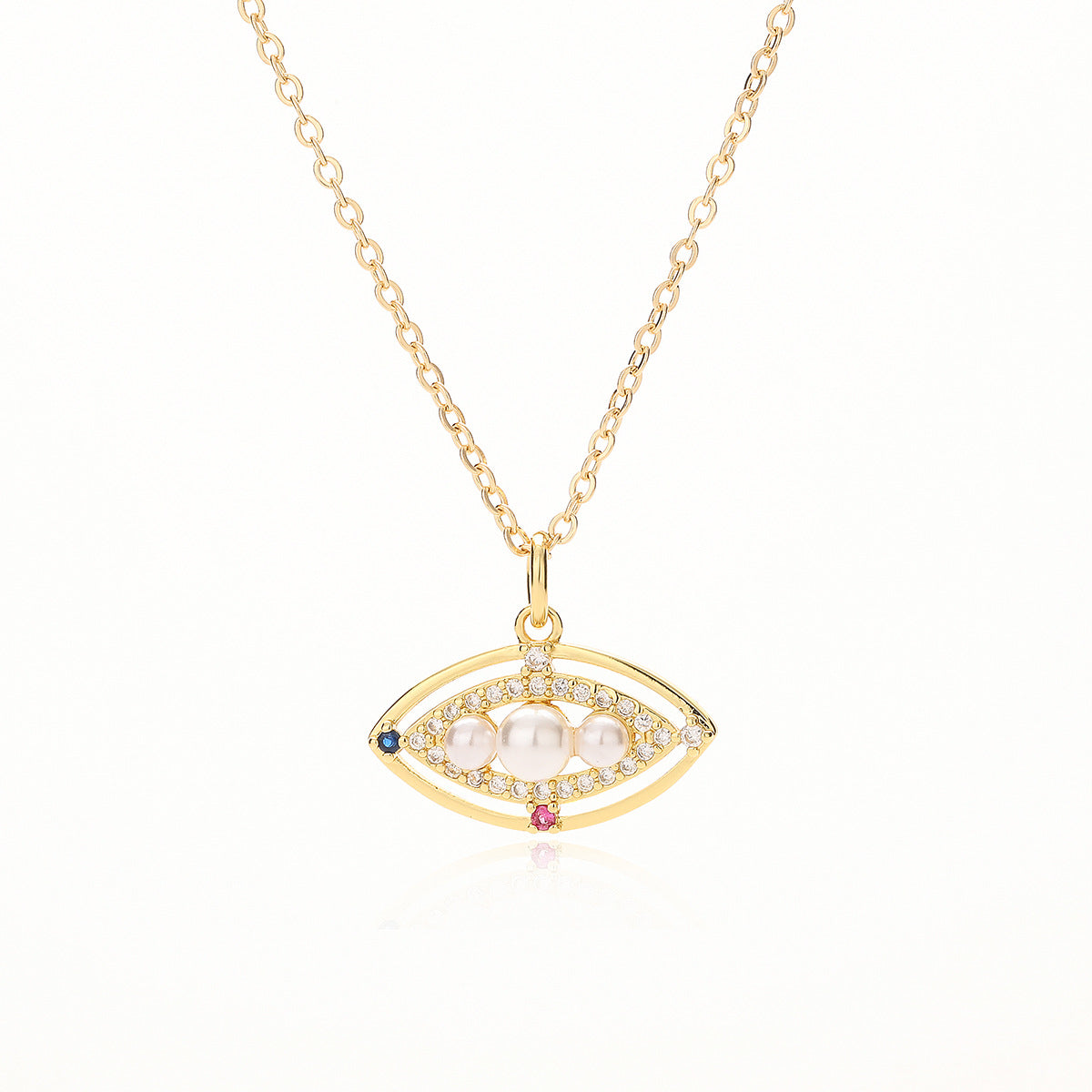 Minimalist Geometric Evil Eye Pendant Necklace for Women with Copper Base Plated in Real Gold and Zircon Inlay