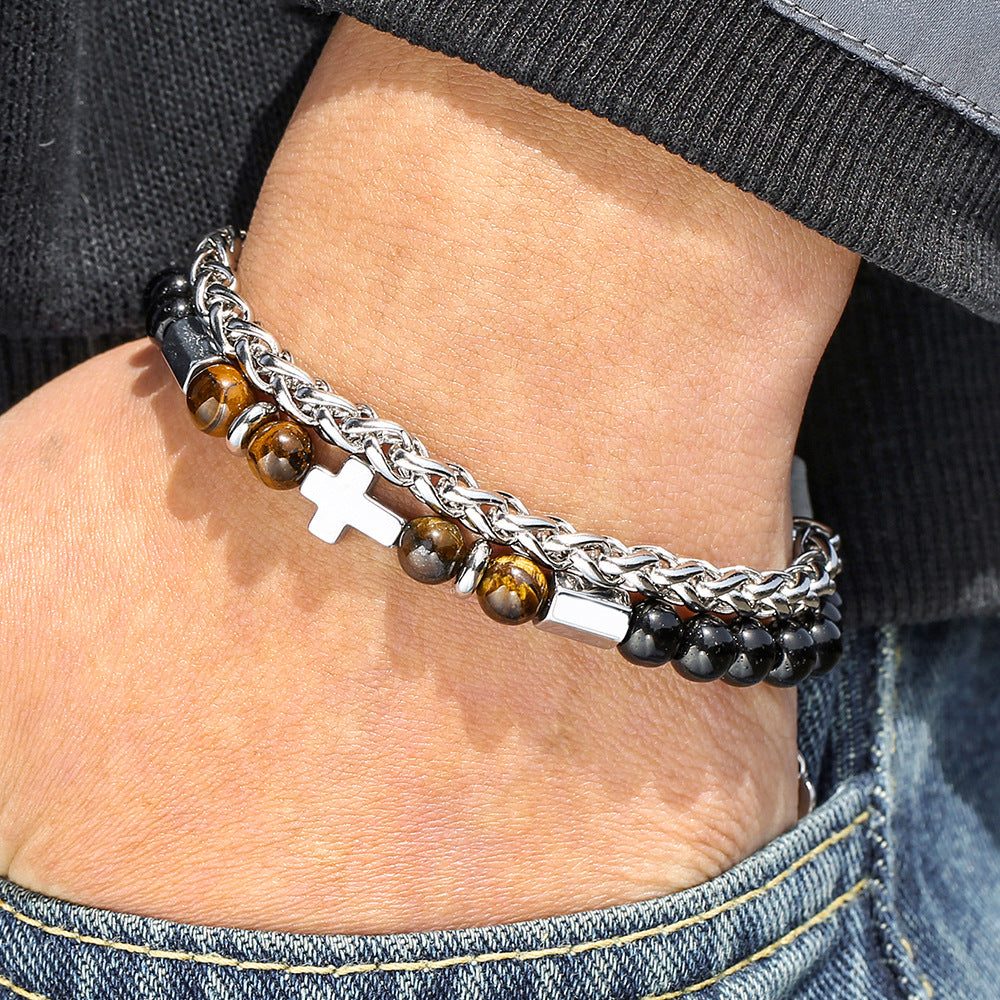 Hip-hop Streetwear Stainless Steel Cross Bracelet with Agate and Tiger's Eye for Men and Women