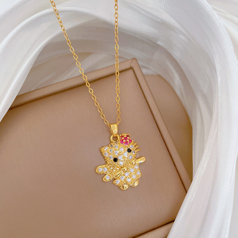 Cartoon Style Floral Cat Pendant Necklace in Titanium Steel with Rhinestone Inlay for Women and Unisex, Delicate Clavicle Chain