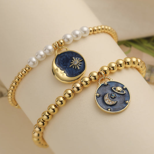Pulsera de Cobre con Colgante de Sol, Luna, Aceite Caído, Circones y Baño de Oro de 18K para Mujer