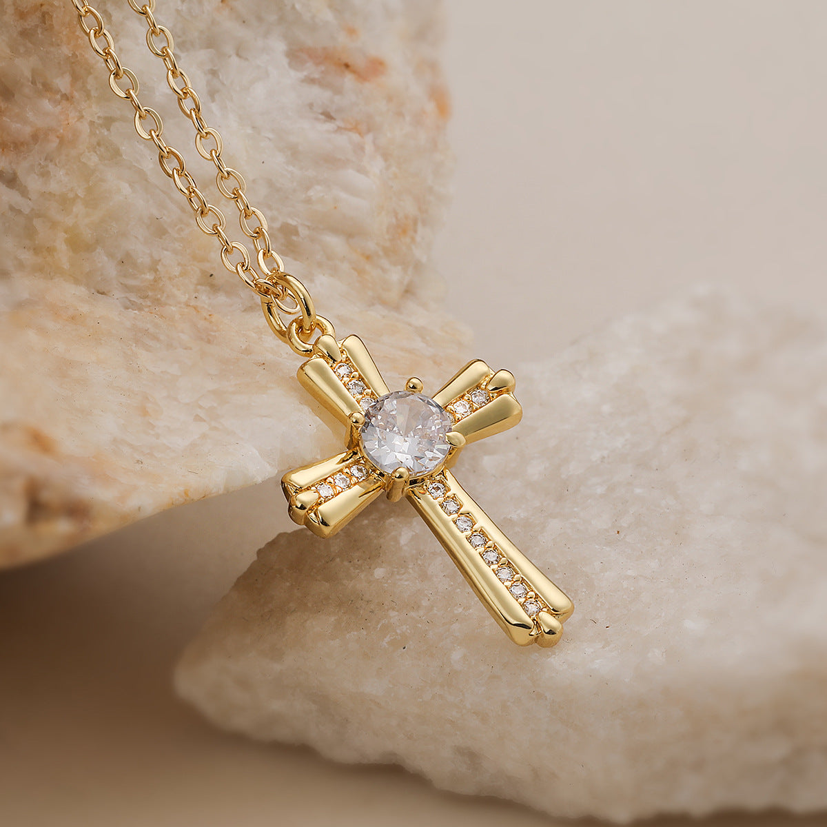 Minimalist Elegant 18K Gold Plated Brass Cross Pendant Necklace with Cubic Zirconia for Women