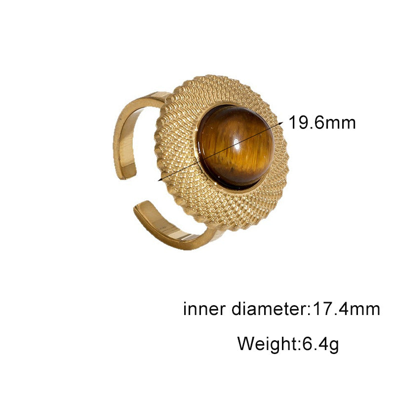 Vintage 18K Gold Plated Titanium Steel Open Ring with Tiger's Eye Inlay Round Oval Crown Design