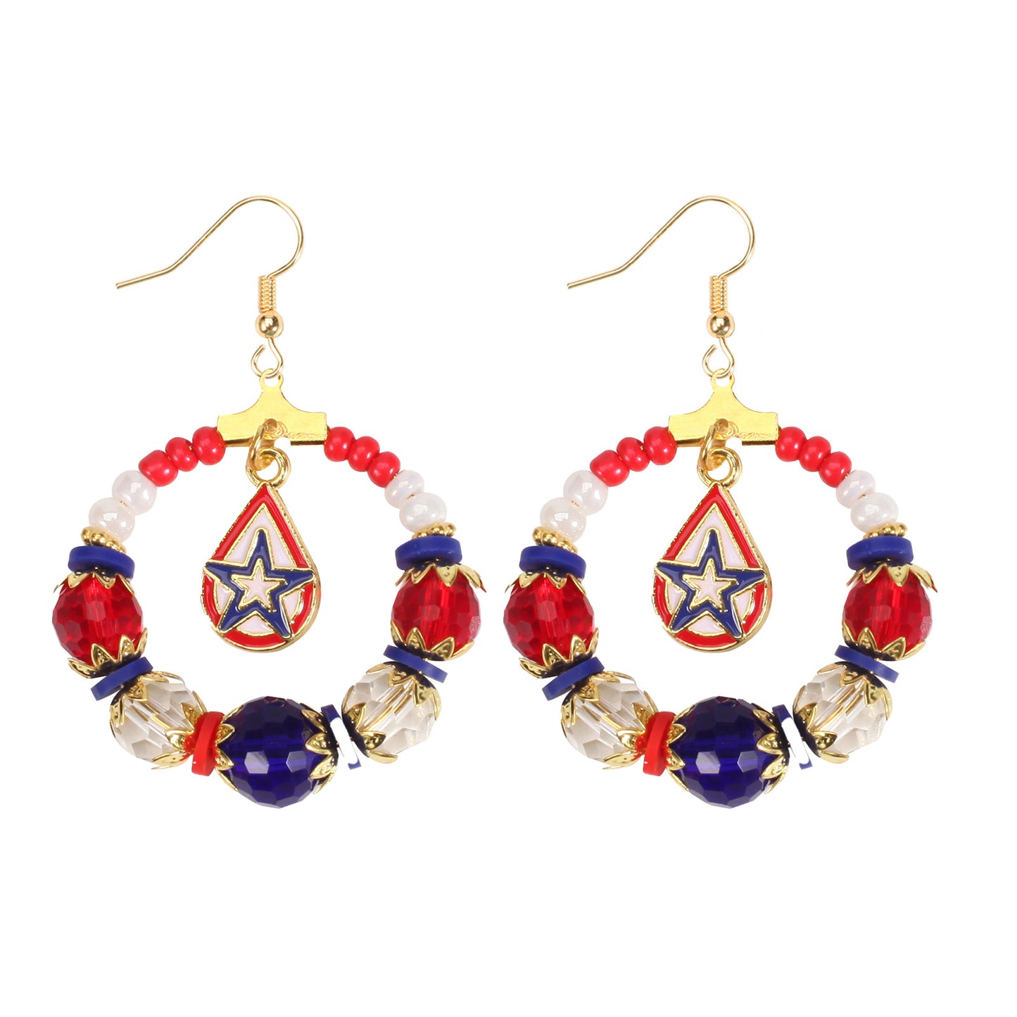 Patriotic Round Star Heart Rhinestone Plated Brass Earrings for Women