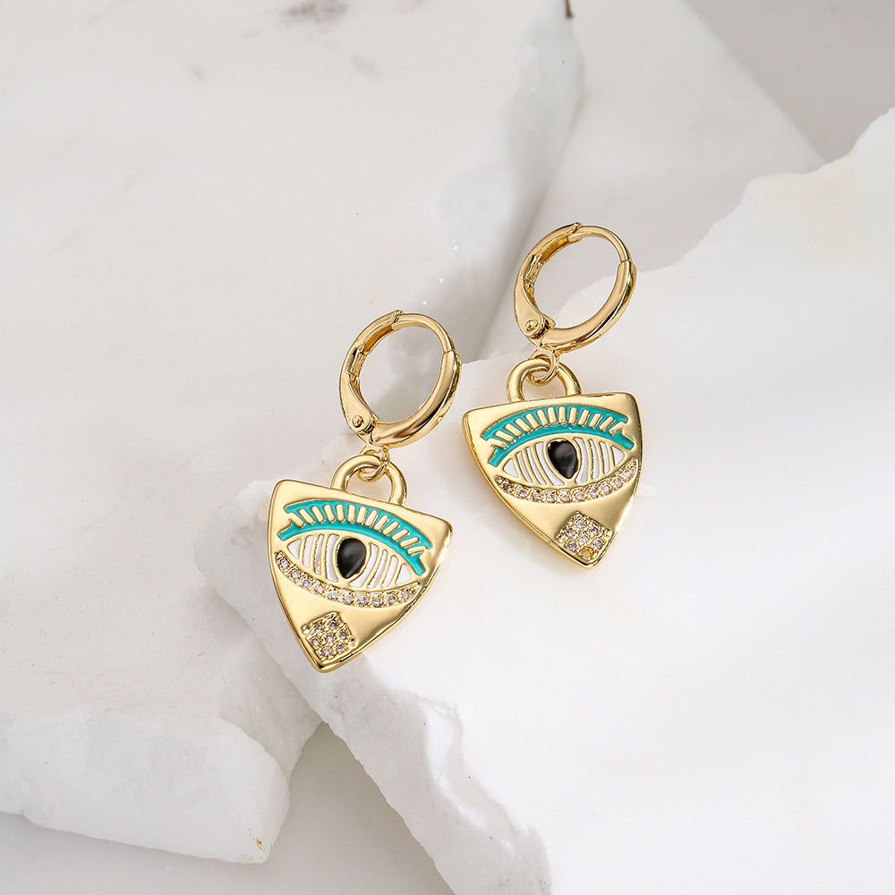 Orecchini geometrici minimalisti in rame placcati in oro 18 carati con dettaglio smaltato a forma di occhio da donna
