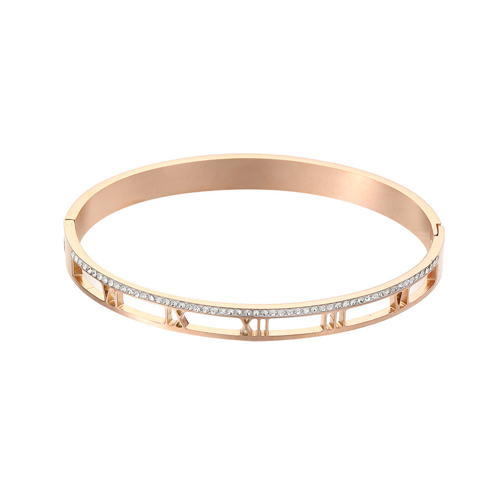 Minimalist Round Micro-inlay Rhinestone Titanium Steel Open Cuff Bracelet with Roman Text for Women