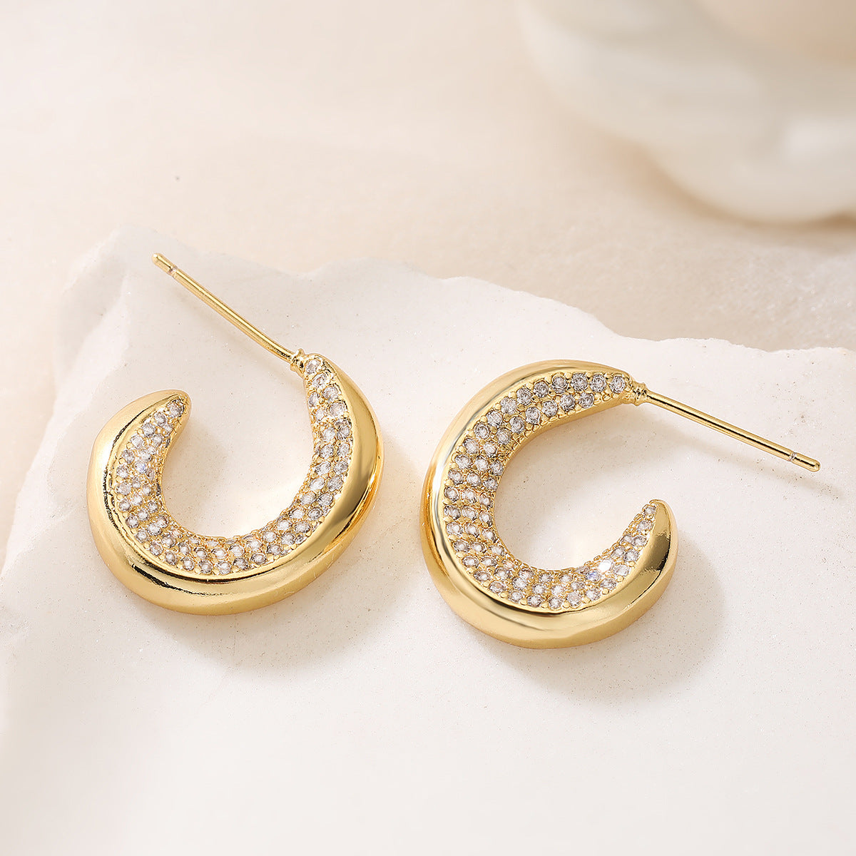 Geometric Earrings for Women with Copper Base Plated in 18K Gold and Micro-Paved Zirconia, Fashion-Forward Minimalist Design
