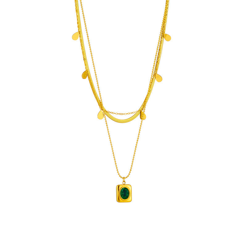 Vintage French Style Geometric Square Emerald Green Plated Titanium Steel Multi-Layer Clavicle Necklace
