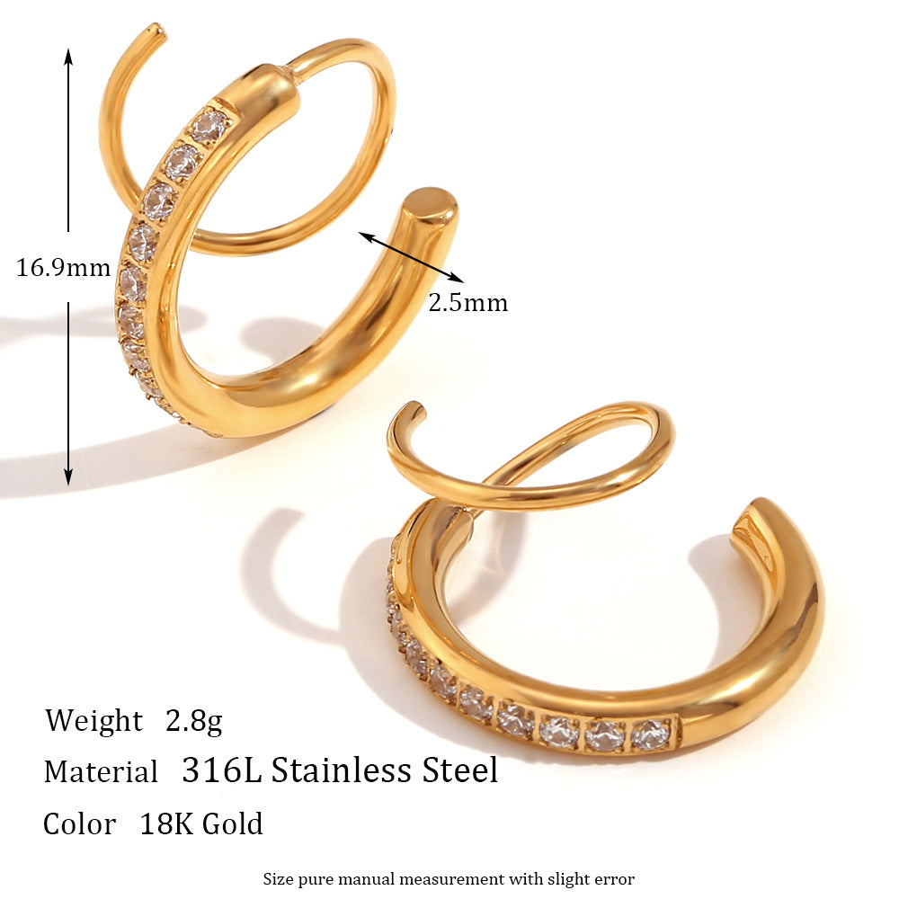 Orecchini a clip geometrici in acciaio inossidabile alla moda con placcatura in oro 18 carati e strass incastonati CNC per donna