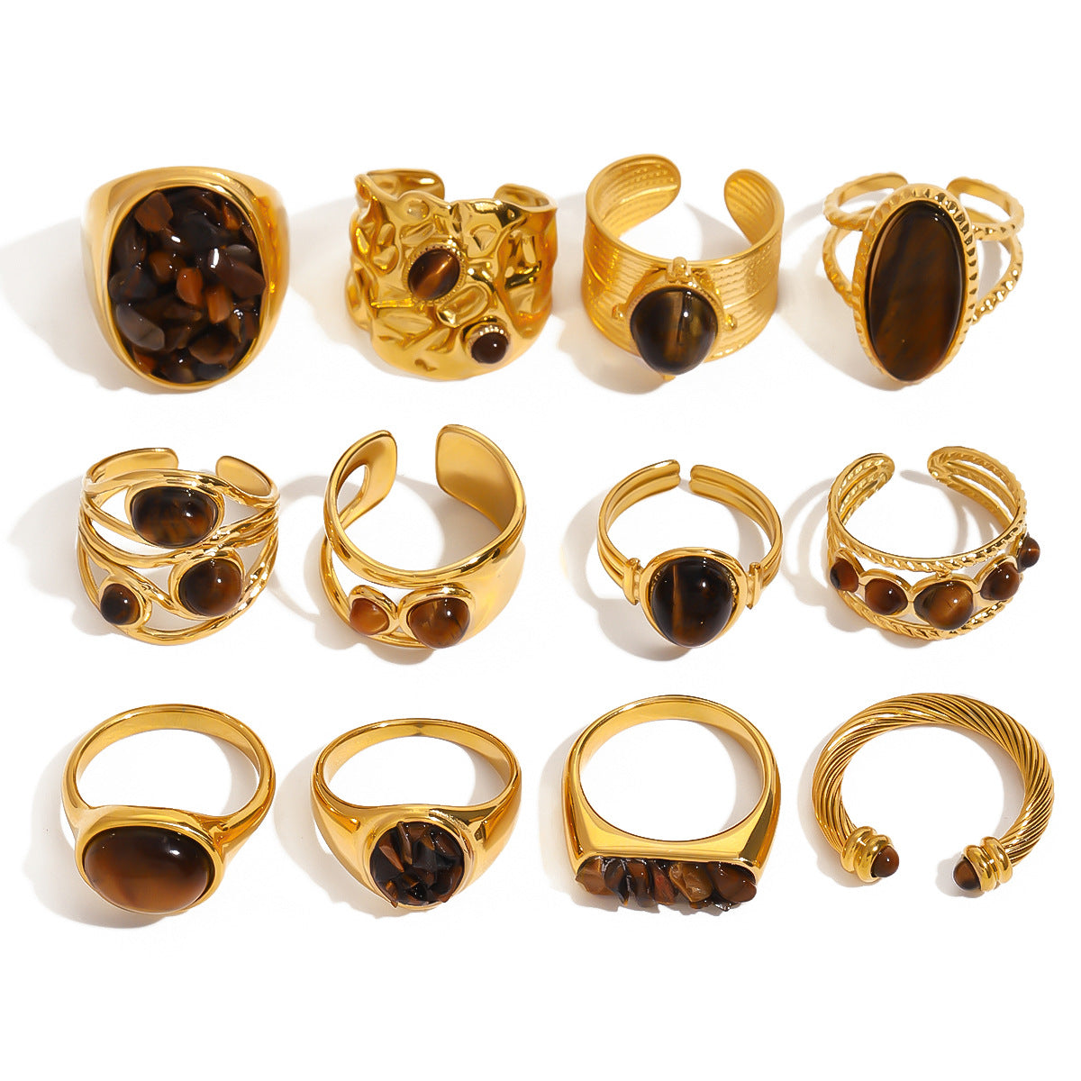 Anillo de ojo de tigre geométrico para mujer en acero inoxidable con acabado chapado, accesorio de moda minimalista
