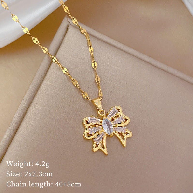Luxury Hollow-Out Butterfly Pendant Necklace for Women Stainless Steel Delicate Locket Chain with Rhinestone Inlay