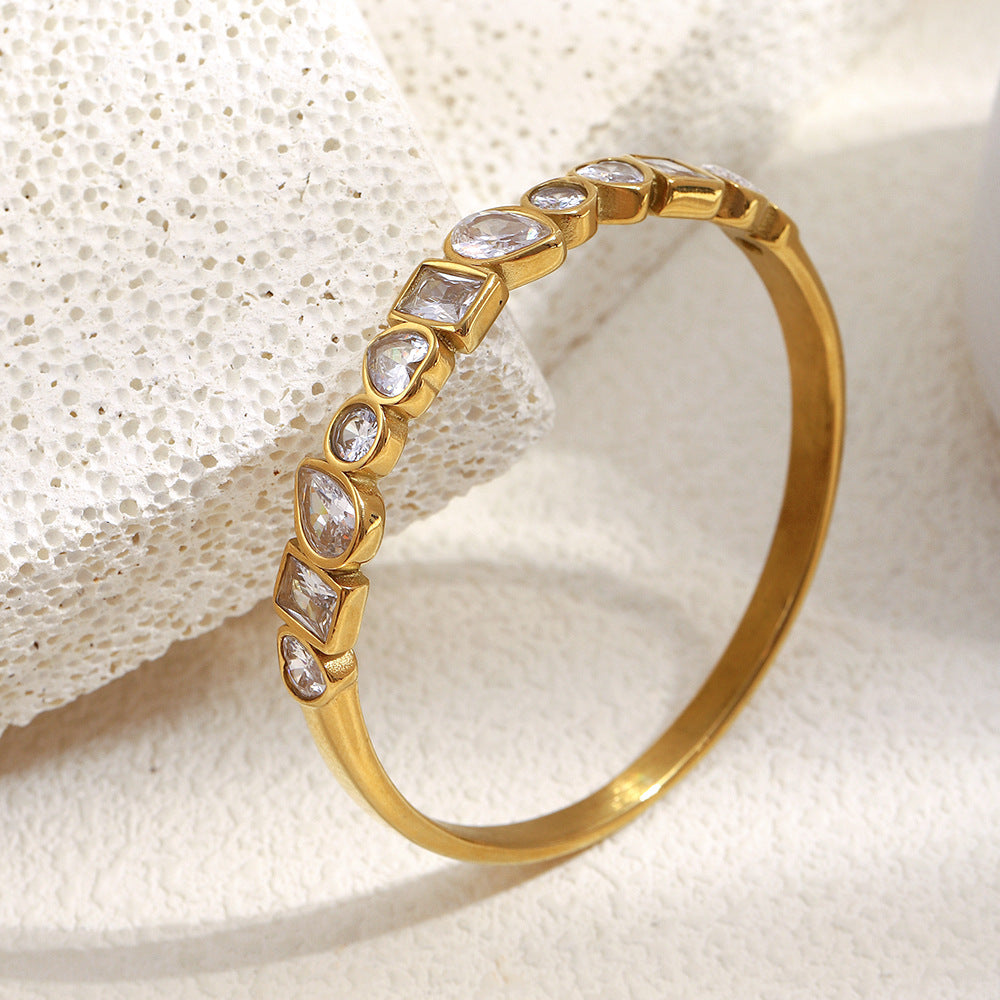 Fashionable Geometric Stainless Steel Bracelet with 18K Gold Plating and Zircon Inlay for Women