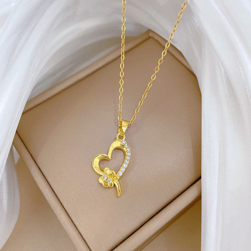 Sweet Heart Bow Geometric Rhinestone Pendant Titanium Steel Necklace for Unisex