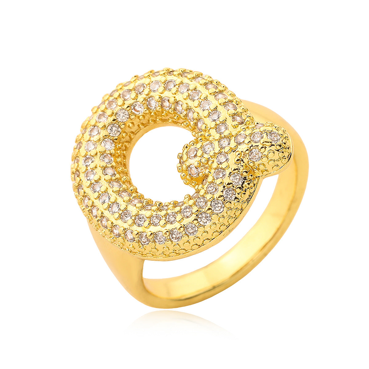 Minimalist Geometric Letter Zirconia Ring for Women in Copper with Gold Plating and Micro-Pavé Setting