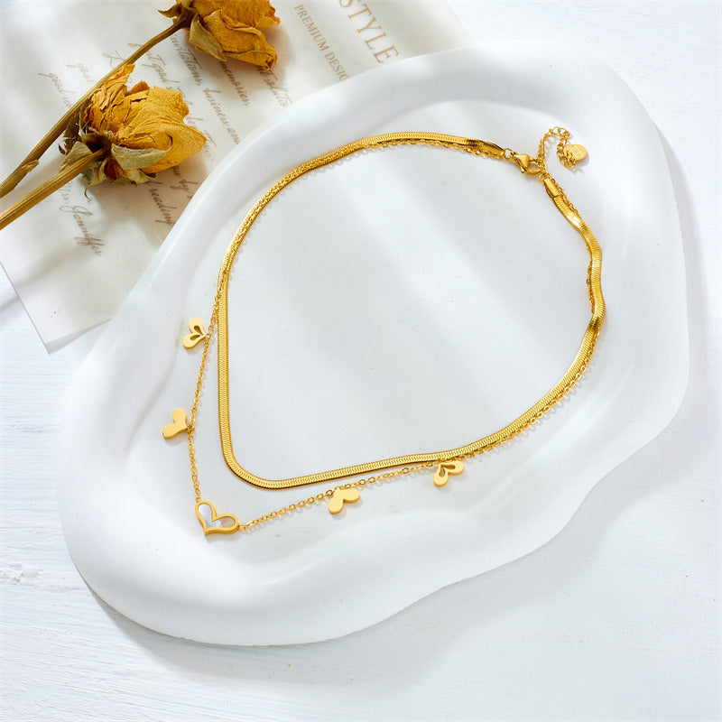 Collana Pendente a Cuore a Doppio Strato Minimalista in Acciaio al Titanio con Finitura Placcata da Donna