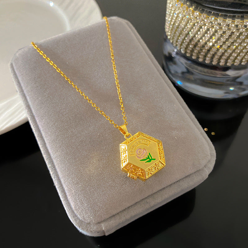 Vintage Drip Oil Floral Heart Oval Pendant Gold Plated Brass Necklace for Women