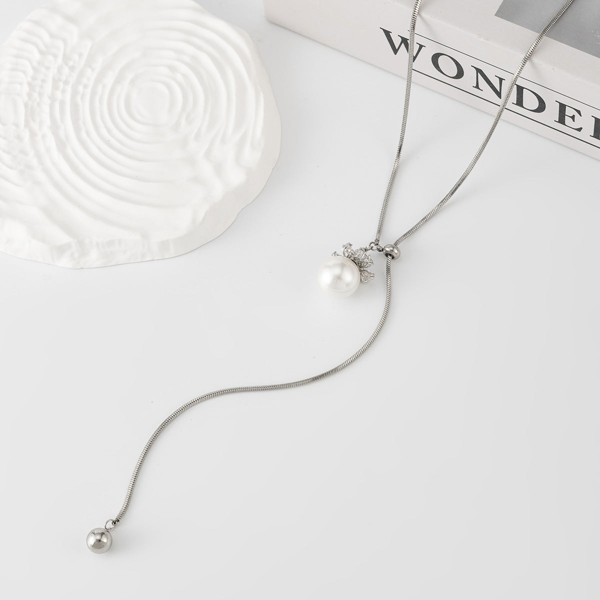 Minimalist Geometric Round Faux Pearl Pendant Stainless Steel Plated Snake Chain Necklace for Women