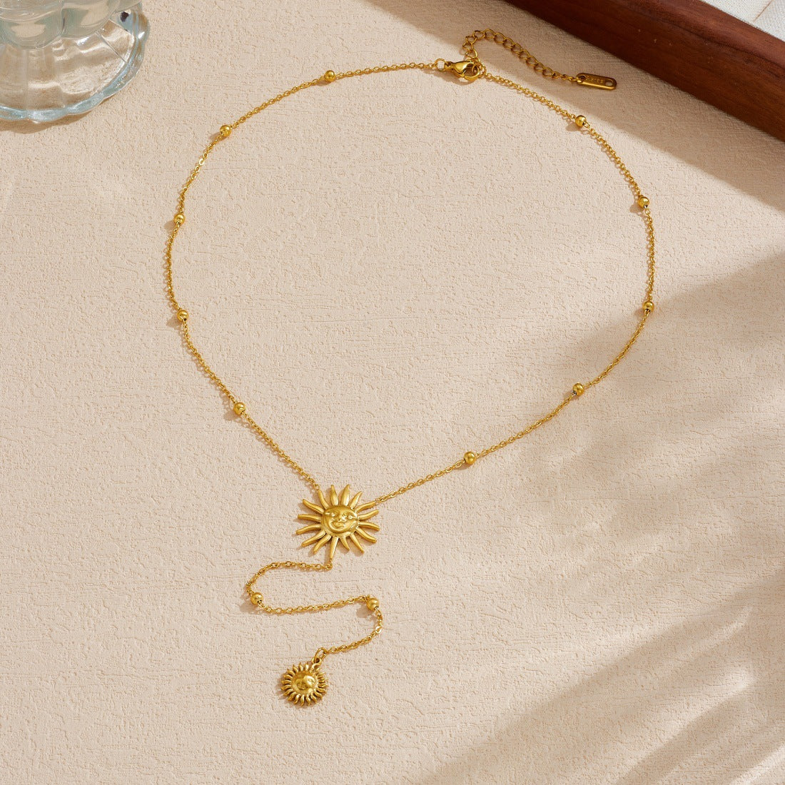 Vintage Gold Plated Stainless Steel Sun Face Tassel Y-Shape Necklace for Women