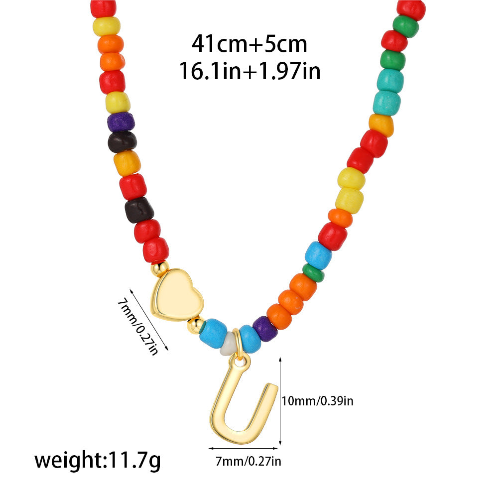 Collana Unisex Casual Placcata Oro 14K con Ciondolo a Cuore Lettera e Perline in Acciaio Inossidabile