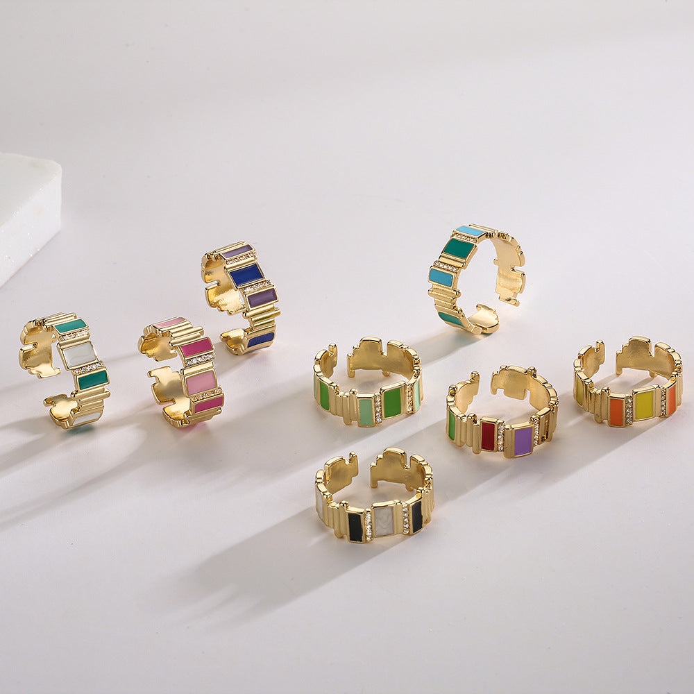 Geometric Open Ring for Women with Copper Base Plated in Real Gold Featuring Zircon Inlay and Enamel Finish