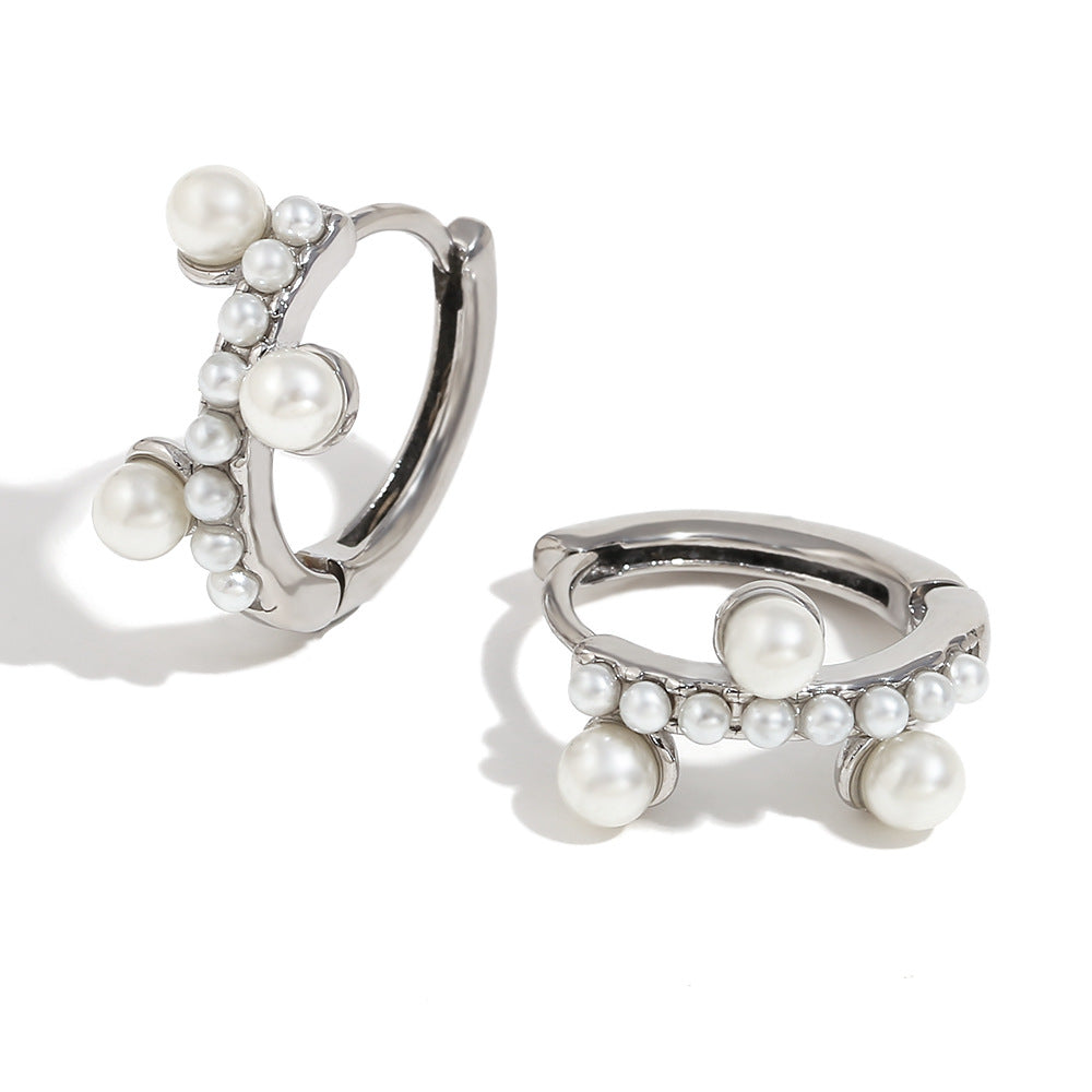 Pendientes Minimalistas Geométricos de Acero Inoxidable con Baño de Oro de 18K y Detalles de Pequeñas Perlas para Mujer