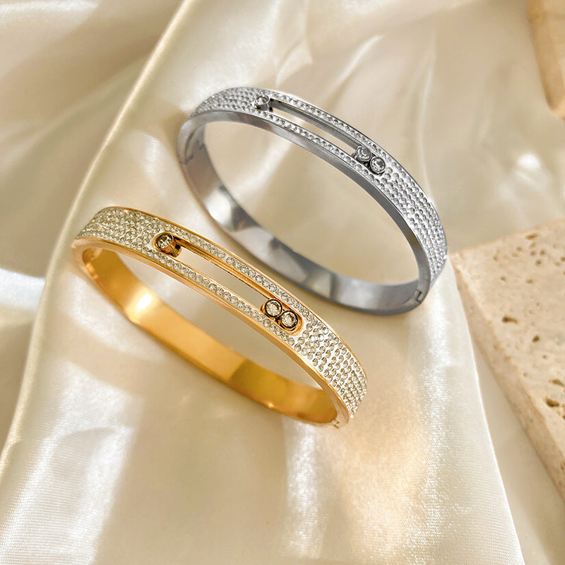 Vintage Geometric Titanium Steel Plated Cubic Zirconia Sliding Bracelet for Women