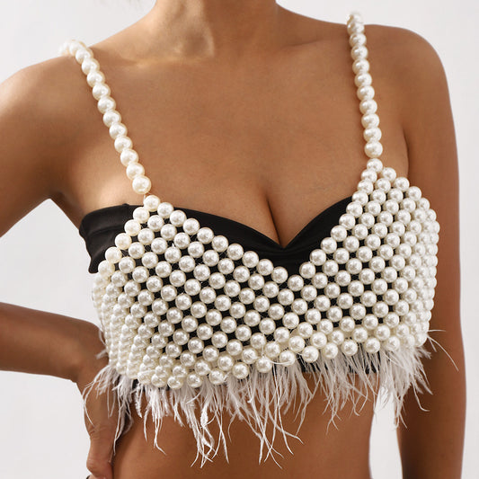 Minimalist Feather Body Chain for Women with Handcrafted Pearl Accents and Geometric Design