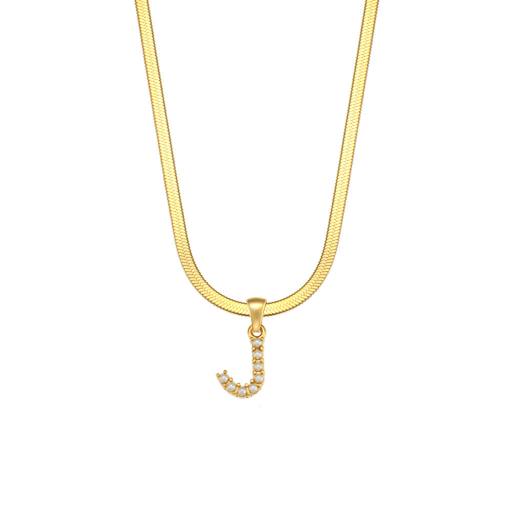 Fashionable Letter Pendant Necklace for Women Stainless Steel Plated 18K Gold Flat Snake Chain with Pearl Accent