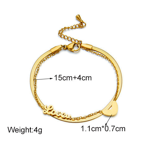 Fashionable Minimalist Double-Layer Stackable Heart-Shaped Titanium Steel Bracelet with Letter Charms and Plated Finish