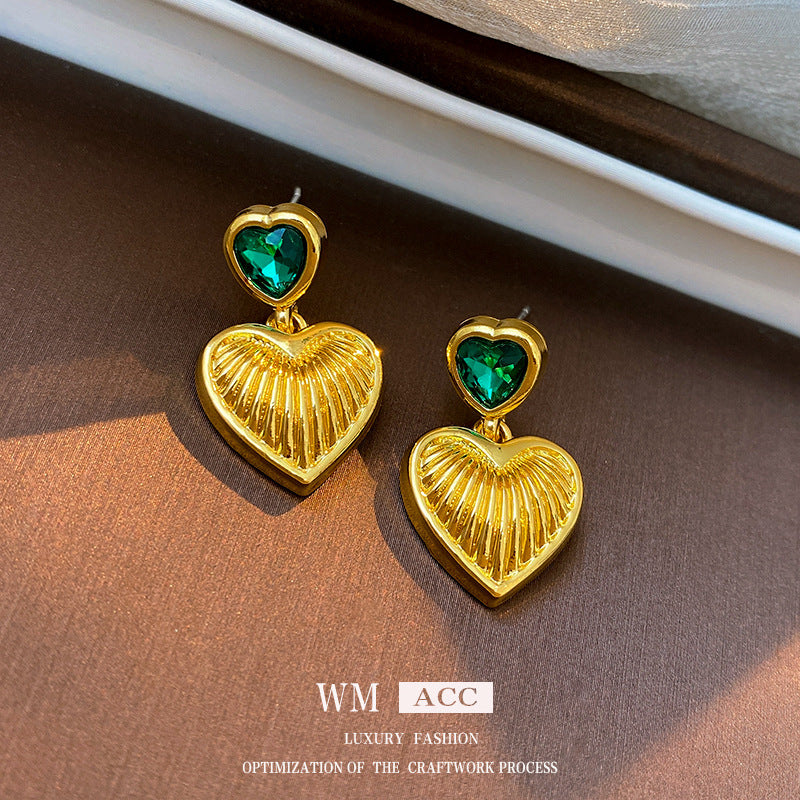 Orecchini vintage a cuore minimalisti in rame con strass intarsiati e perni placcati argento da donna