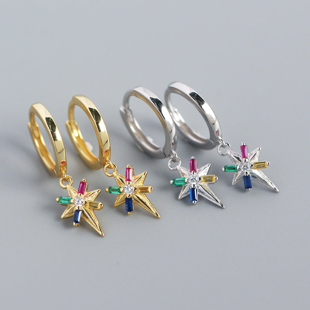 Minimalist 925 Sterling Silver Star Inlaid Rhinestone Hoop Earrings