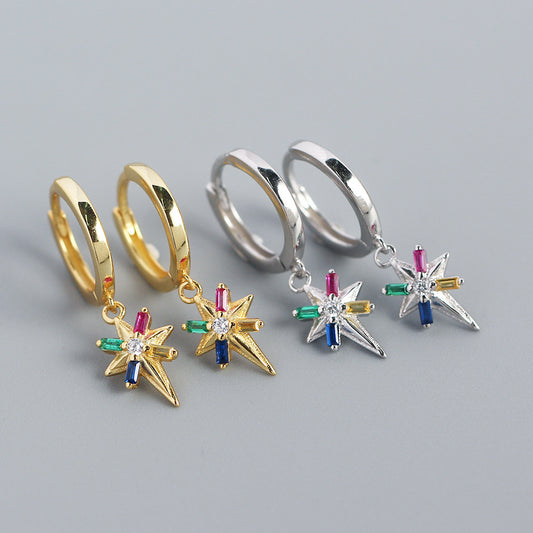 Orecchini a cerchio minimalisti in argento sterling 925 con stella intarsiata di strass