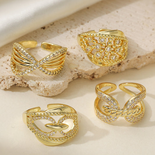 Anillo Abierto Geométrico Minimalista para Mujer con Incrustaciones de Zirconia y Acabado Bañado en Cobre