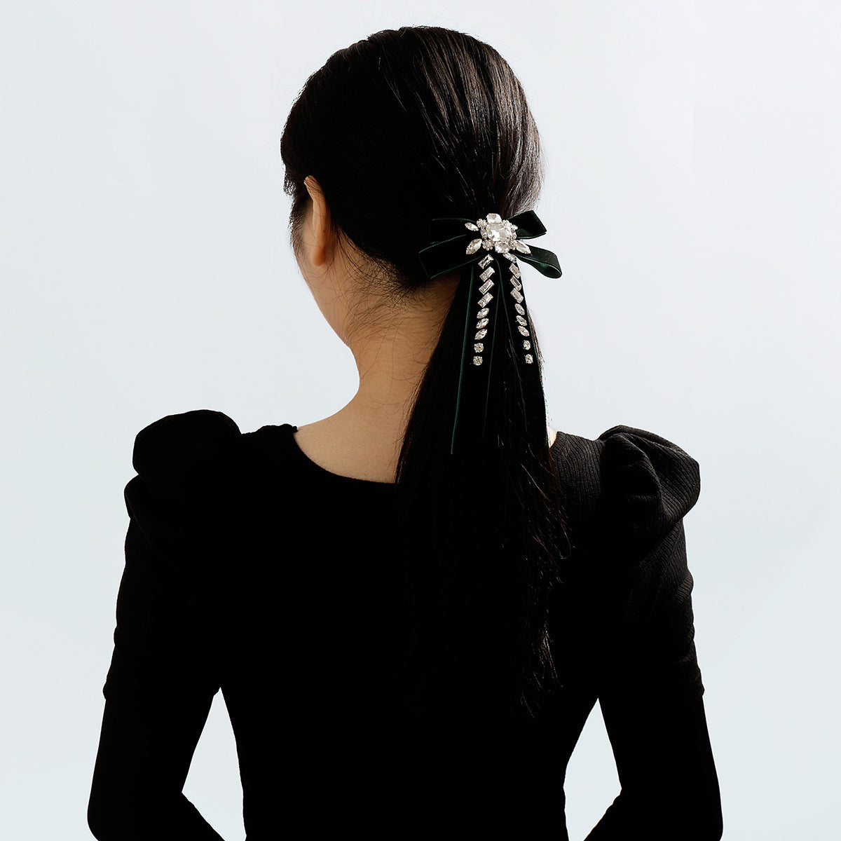 Sweet and Edgy Bow Hair Clip with Gold Velvet and Rhinestone Accents for Women