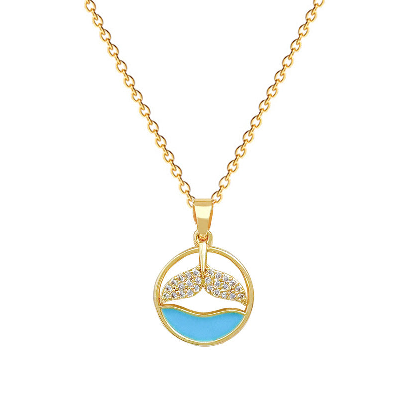 Sweet Minimalist Geometric Fish Tail Rhinestone Pendant Necklace Titanium Steel Cable Chain for Unisex
