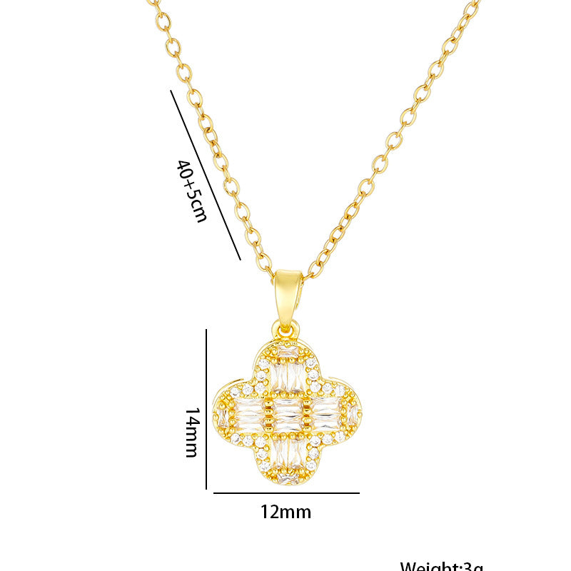 Minimalist Four-Leaf Clover Pendant Necklace for Women in Titanium Steel with Gold Plating and Rhinestone Inlay