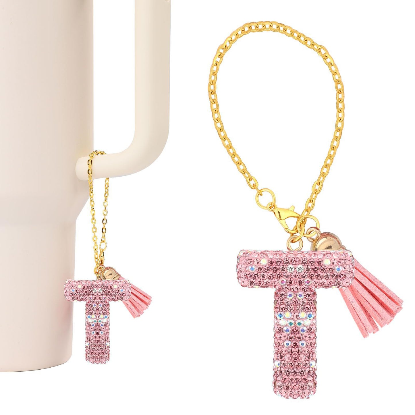 Minimalist Geometric Letter Ceramic Pendant with Gold Adjustable Chain Pink Tassel and Glitter Sequins