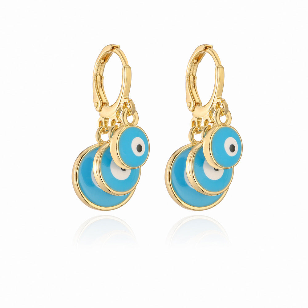 Minimalist Geometric Evil Eye Earrings for Women in Brass with Gold Plating and Enamel Finish