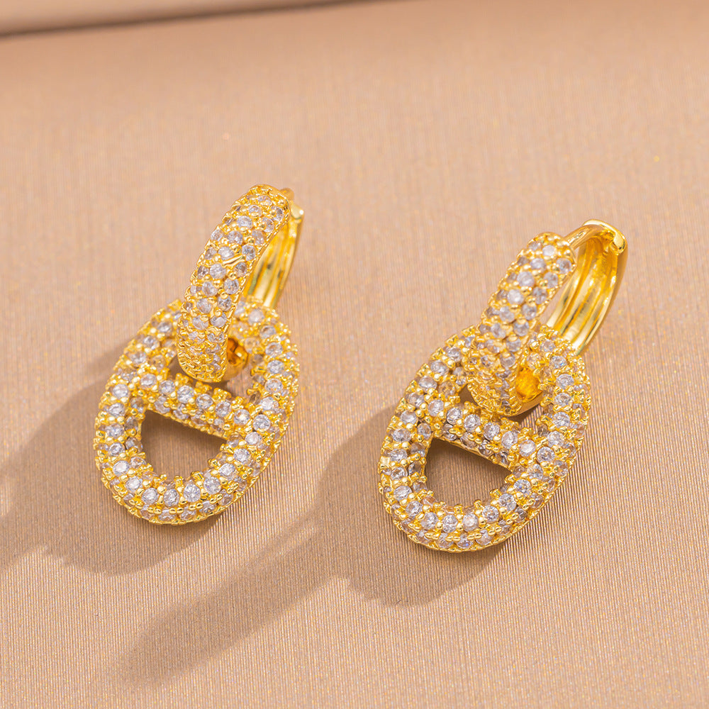 Luxury-Style Pig Nose Earrings in Gold-Plated Copper with Rhinestone Inlay for Women