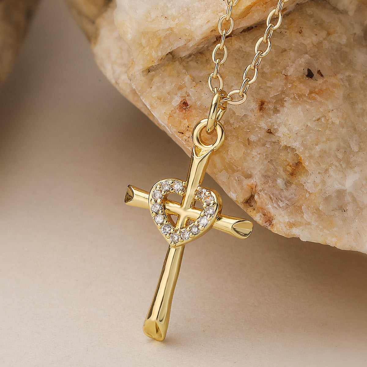 Minimalist Gold Plated Brass Cubic Zirconia Cross Pendant Necklace for Women