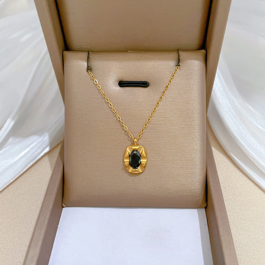 Minimalist Geometric Black Onyx Pendant Necklace in Titanium Steel with Gold Plating for Women and Men