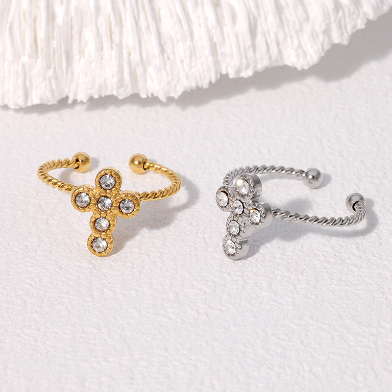 Minimalist Cross-Shaped Opening Ring for Women in Stainless Steel with Gold Plating and Rhinestone Inlay