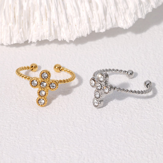 Minimalist Cross-Shaped Opening Ring for Women in Stainless Steel with Gold Plating and Rhinestone Inlay