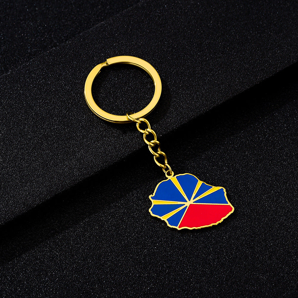 Llavero Colgante de Acero Inoxidable Esmaltado Estilo Étnico con Diseño de la Isla de Reunión Francesa