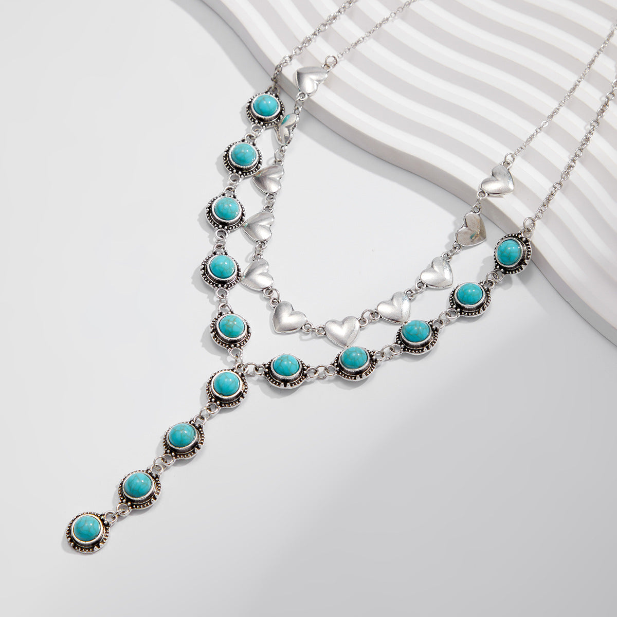 Vintage Bohemian Y-Shaped Tassel Necklace with Turquoise Heart Pendant in Alloy with Plated Finish
